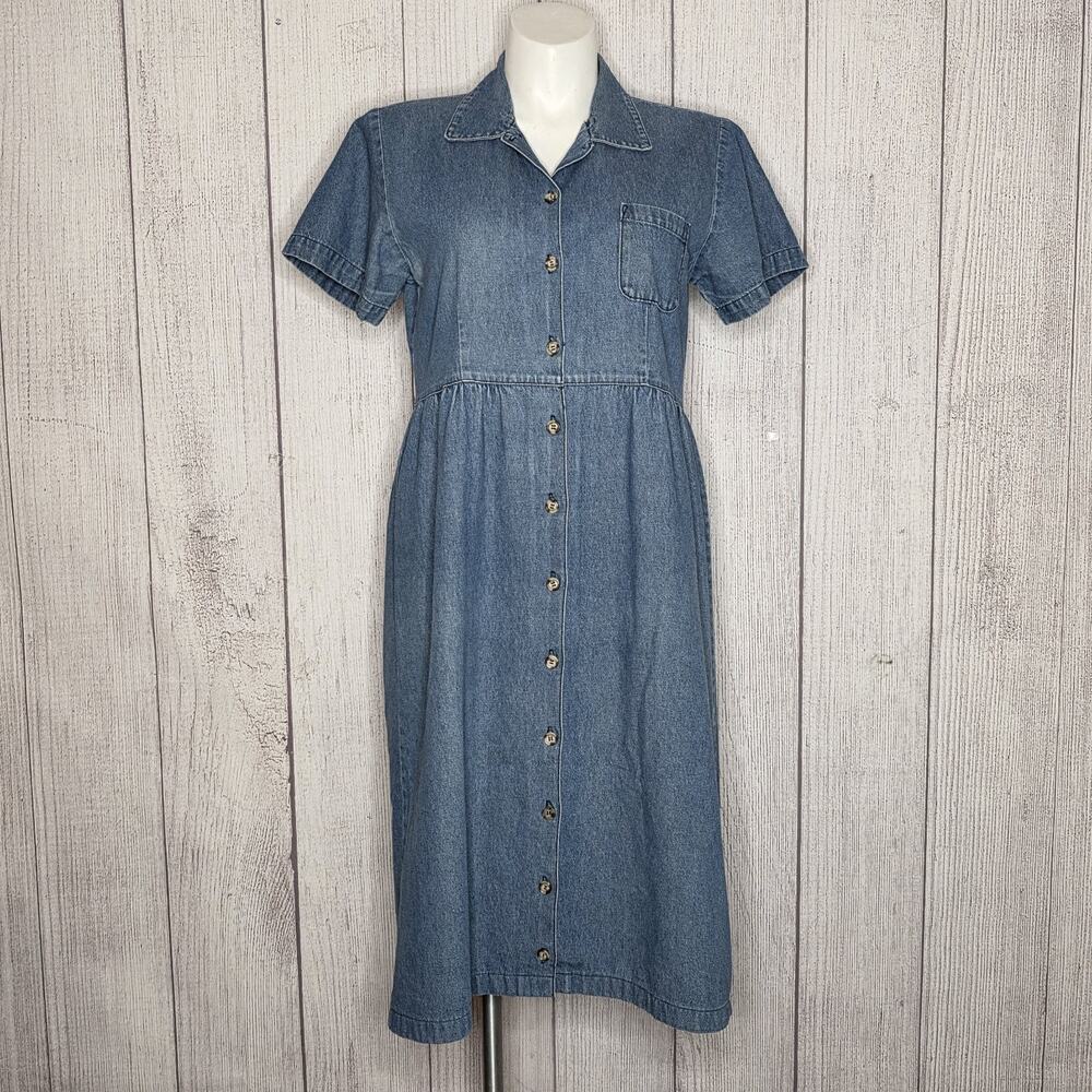 Vintage Match USA Denim Shirt Dress Button Front Midi 100% Cotton Size 12
